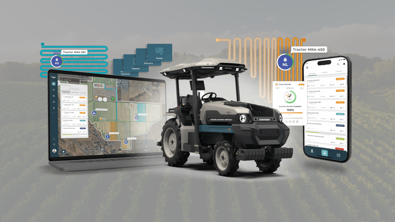 Rendered image showing MK-V tractor, a smart tractor, with art images of the technology it supports - app on lap top, GPS route, dashboard display and smartphone display.