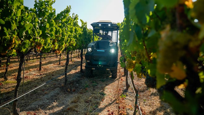 Monarch MK-V electric tractor in vineyard rows