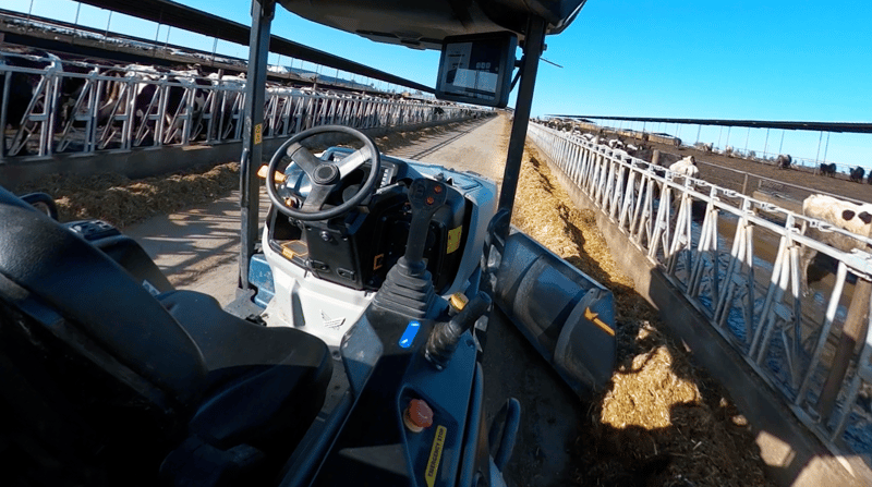 View from the cab of driverless MK-V Dairy tractor pushing feed down an outdoor dairy aisle with a blue sky background and cows lined up to eat. 