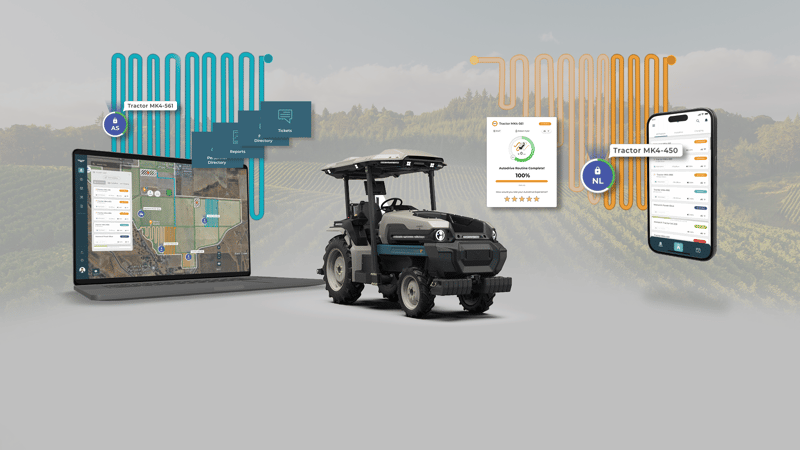 MK-V electric tractor with dashboard and phone graphics indicating smart connectivity. 